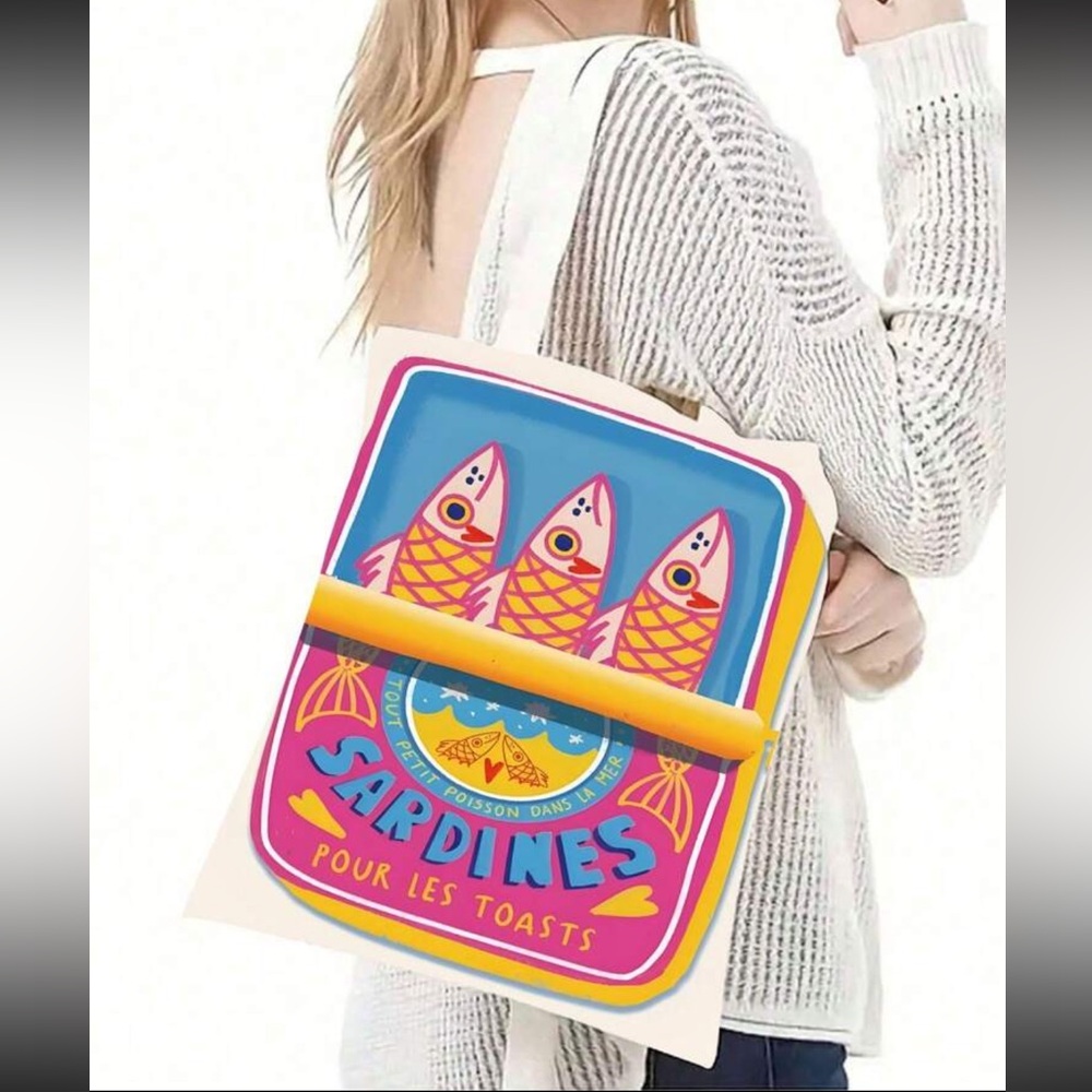 Canvas Tote Bag with Colorful Sardines Print - Pink Blue